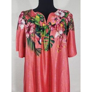VTG Unbranded Women's XL Coral Tropical Satin Feel Mu Mu Nightgown Gown